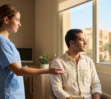 A female nurse in blue scrubs talking to a man sitting by a window in a clinic 