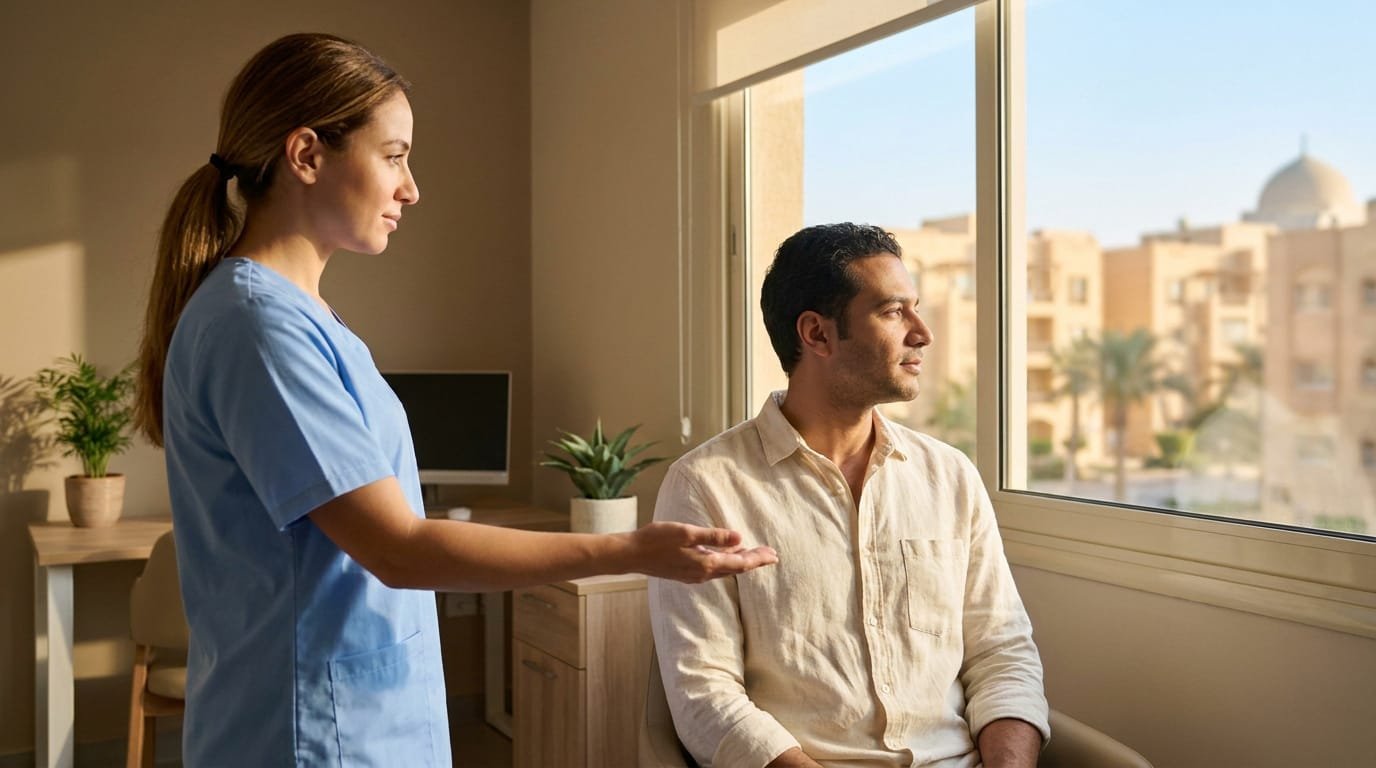 A female nurse in blue scrubs talking to a man sitting by a window in a clinic