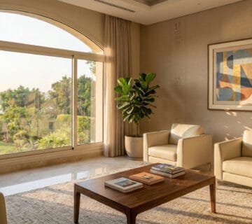 A luxurious, sunlit lounge with cream leather chairs, a wooden coffee table, and a view of the Nile river 