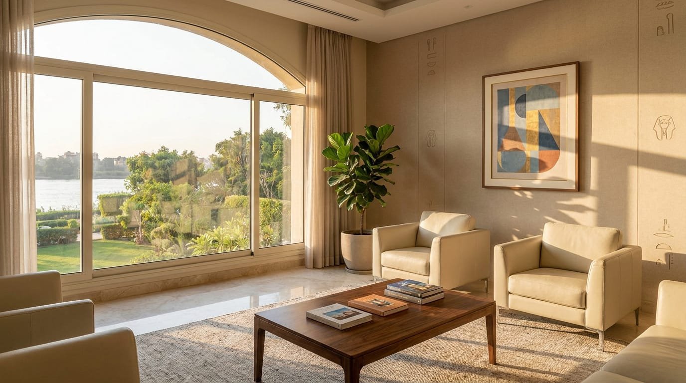 A luxurious, sunlit lounge with cream leather chairs, a wooden coffee table, and a view of the Nile river 