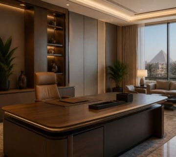 A luxurious, modern office with a view of the Giza Pyramids through a large window, featuring wood accents and decor 