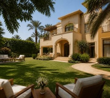 A luxurious villa with a manicured garden and outdoor seating area, representing a private rehab center in Cairo