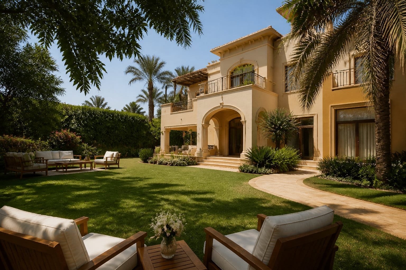 A luxurious villa with a manicured garden and outdoor seating area, representing a private rehab center in Cairo 