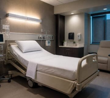 A clean, modern hospital room with a neatly made bed, medical equipment, and a recliner chair for patient comfort 